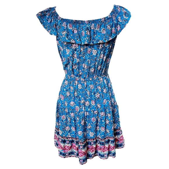 BeBop Like-new Blue Floral SunDress Elastic Ruffle Off Shoulder Mini Size M - Picture 6 of 11